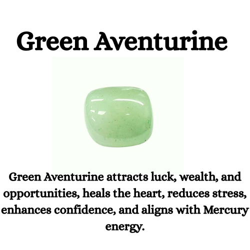 Green aventurine stone with descriptive text on a white background