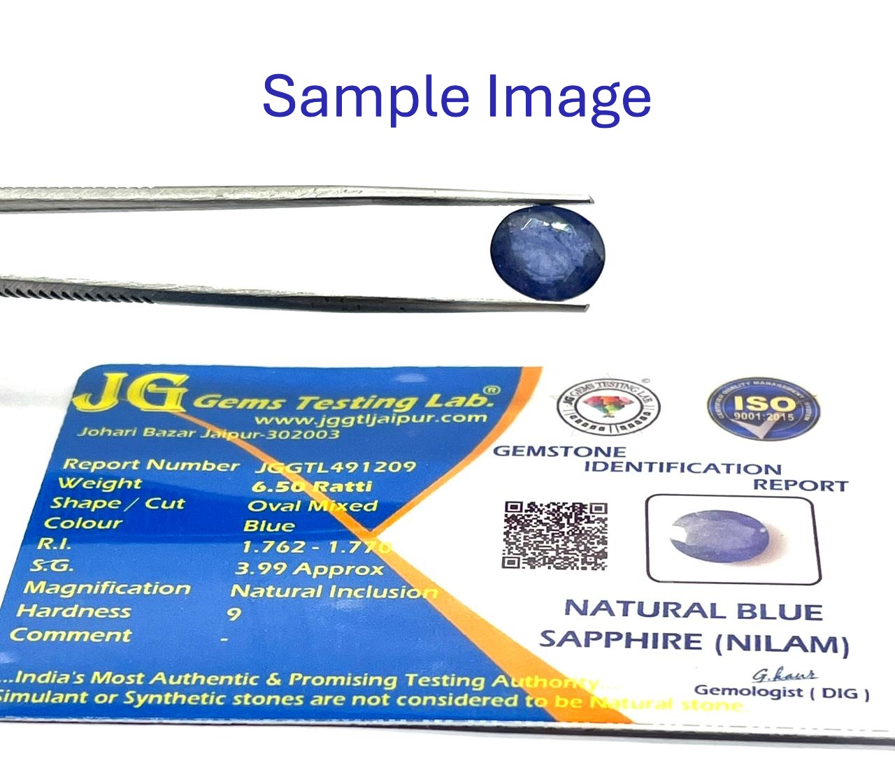 Blue sapphire stone with Testing Lab identification report on a white background