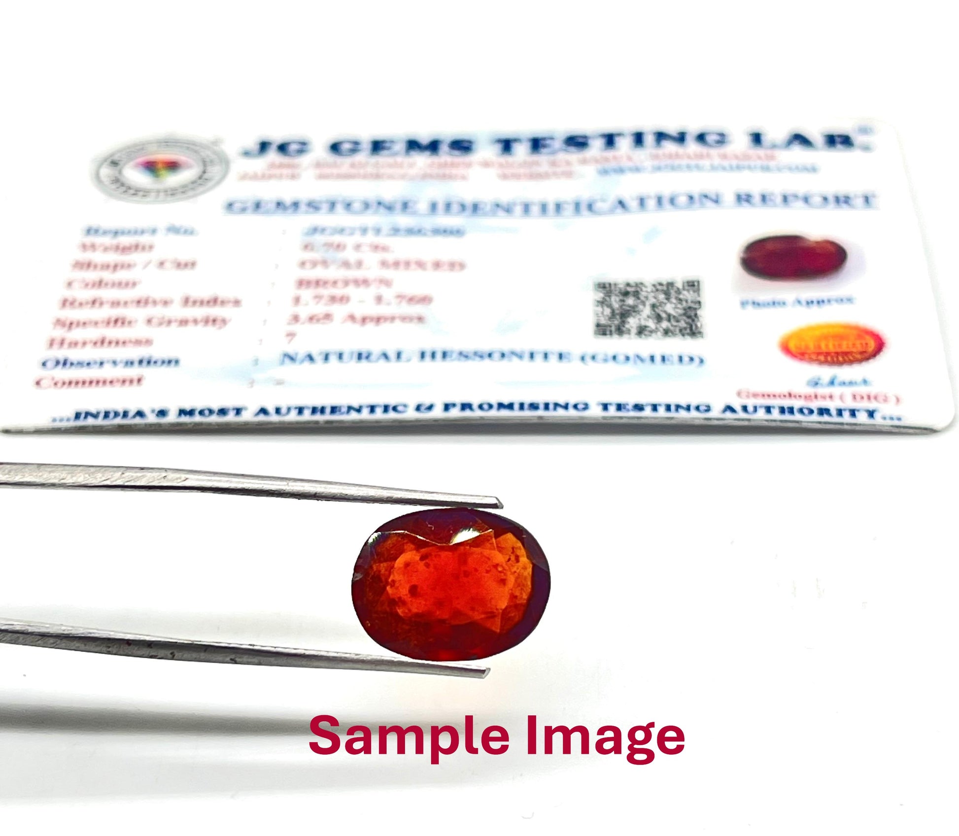 Hessonite gemstone Testing Lab  identification report .