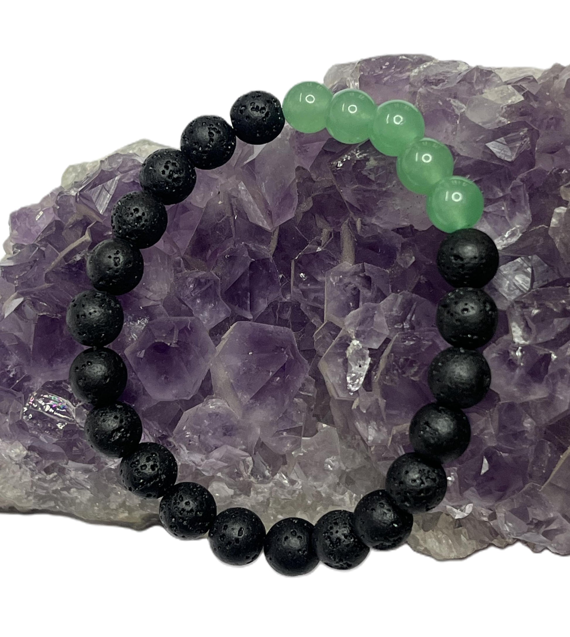 Natural green aventurine crystal bracelet with black lava stone beads for grounding