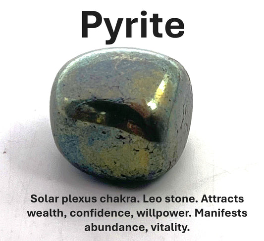 Pyrite crystal with descriptive text on a white background