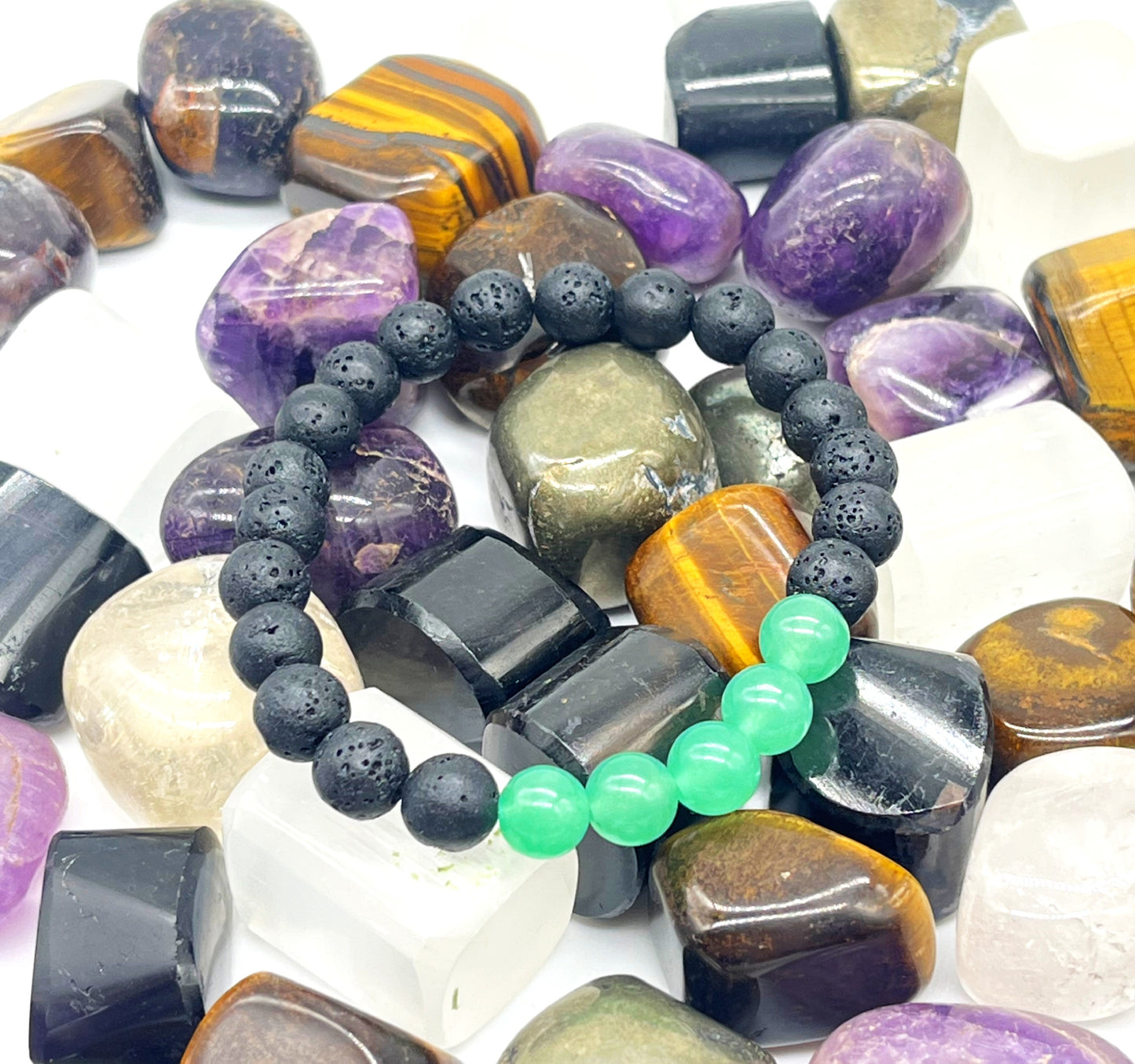 Natural green aventurine crystal bracelet with black lava stone beads for grounding