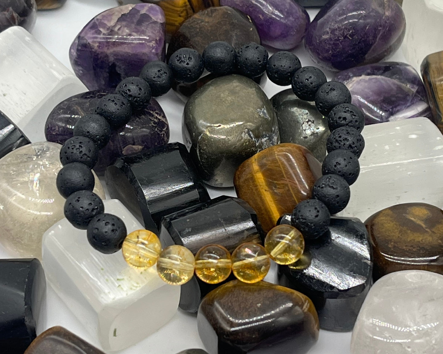 Natural citrine crystal bracelet with black lava stone beads for business success