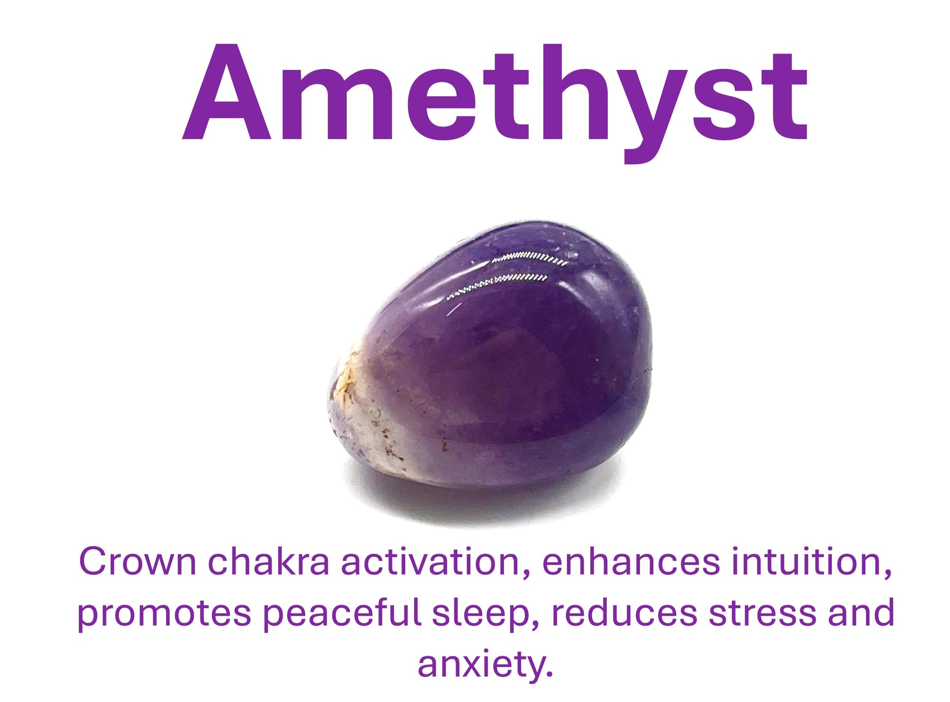 Amethyst crystal with healing properties description on white background