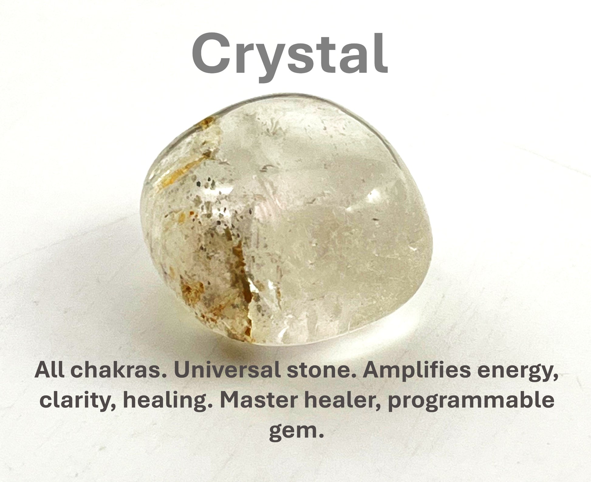 Crystal stone with text describing its properties on a white background