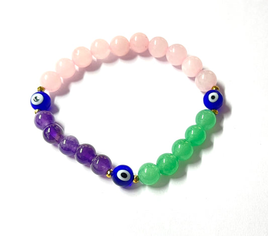 Divine Guardian healing crystal bracelet with rose quartz, green aventurine, amethyst and evil eye protection beads
