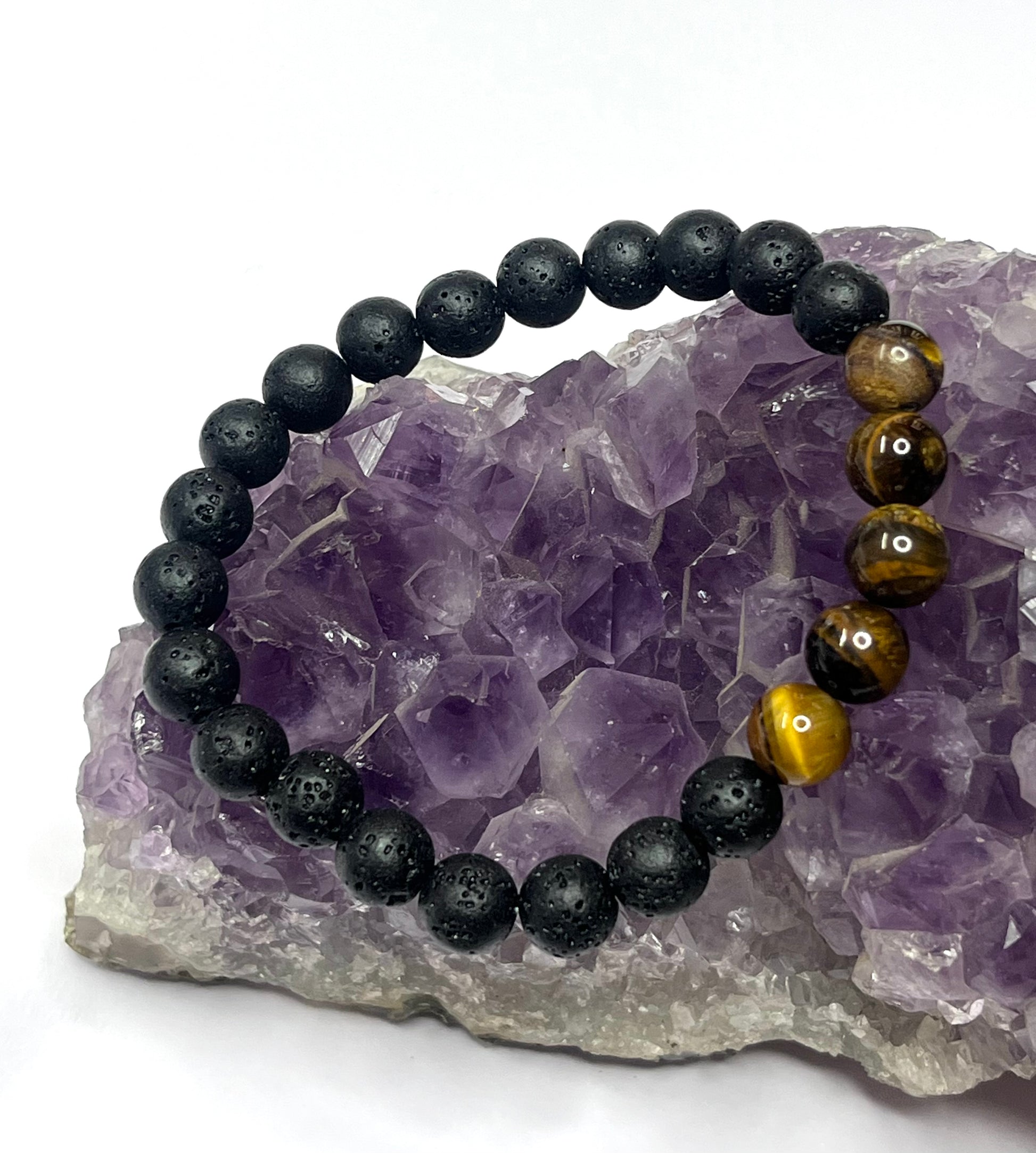 Natural tiger eye and black lava stone healing bracelet for strength and grounding