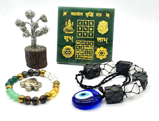 Vyapar Vriddhi 5-in-1 business growth combo with green jade yantra pyrite tree turtle
