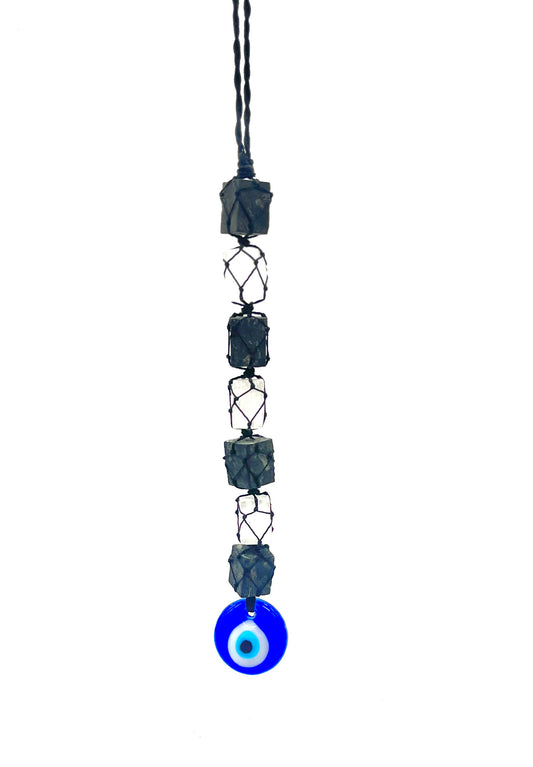 Natural black tourmaline and selenite crystal door charm with evil eye for home protection