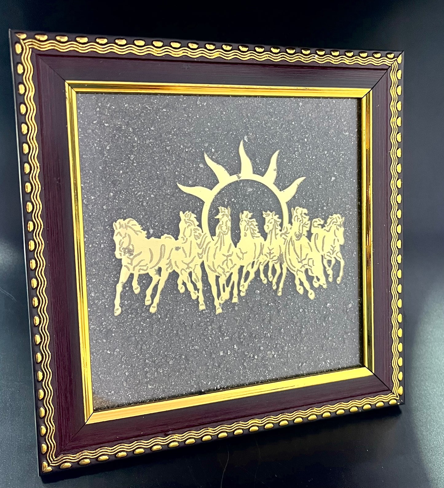 Pyrite money magnet Frame with sun & 7 Running horses good luck charm for money attraction