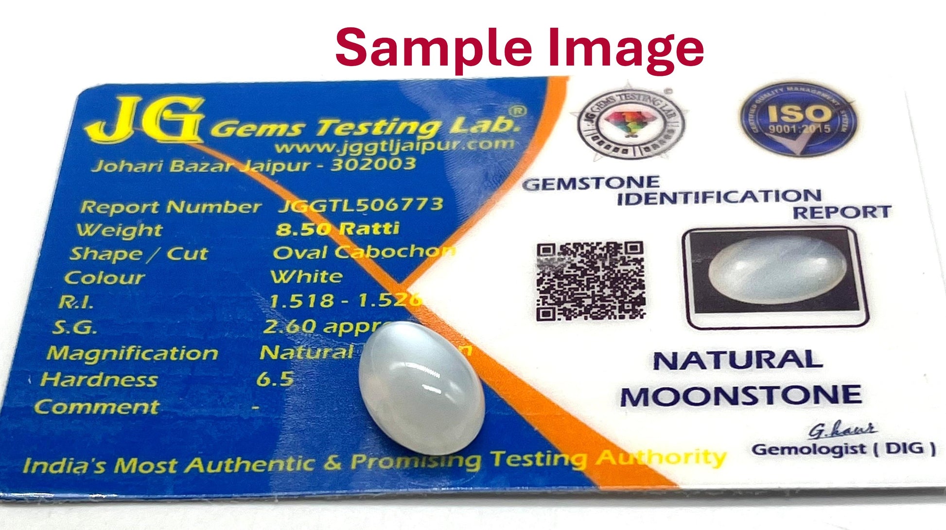 Gemstone identification report with  a moonstone image.
