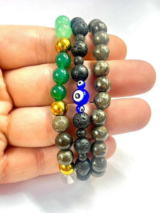 Richi Rich wealth combo pyrite lava evil eye bracelet set for money magnet success