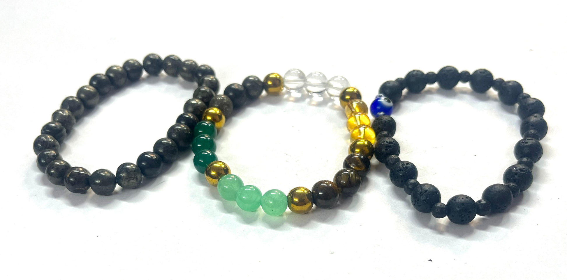 Complete wealth attraction bracelet set with pyrite lava stone and evil eye protection