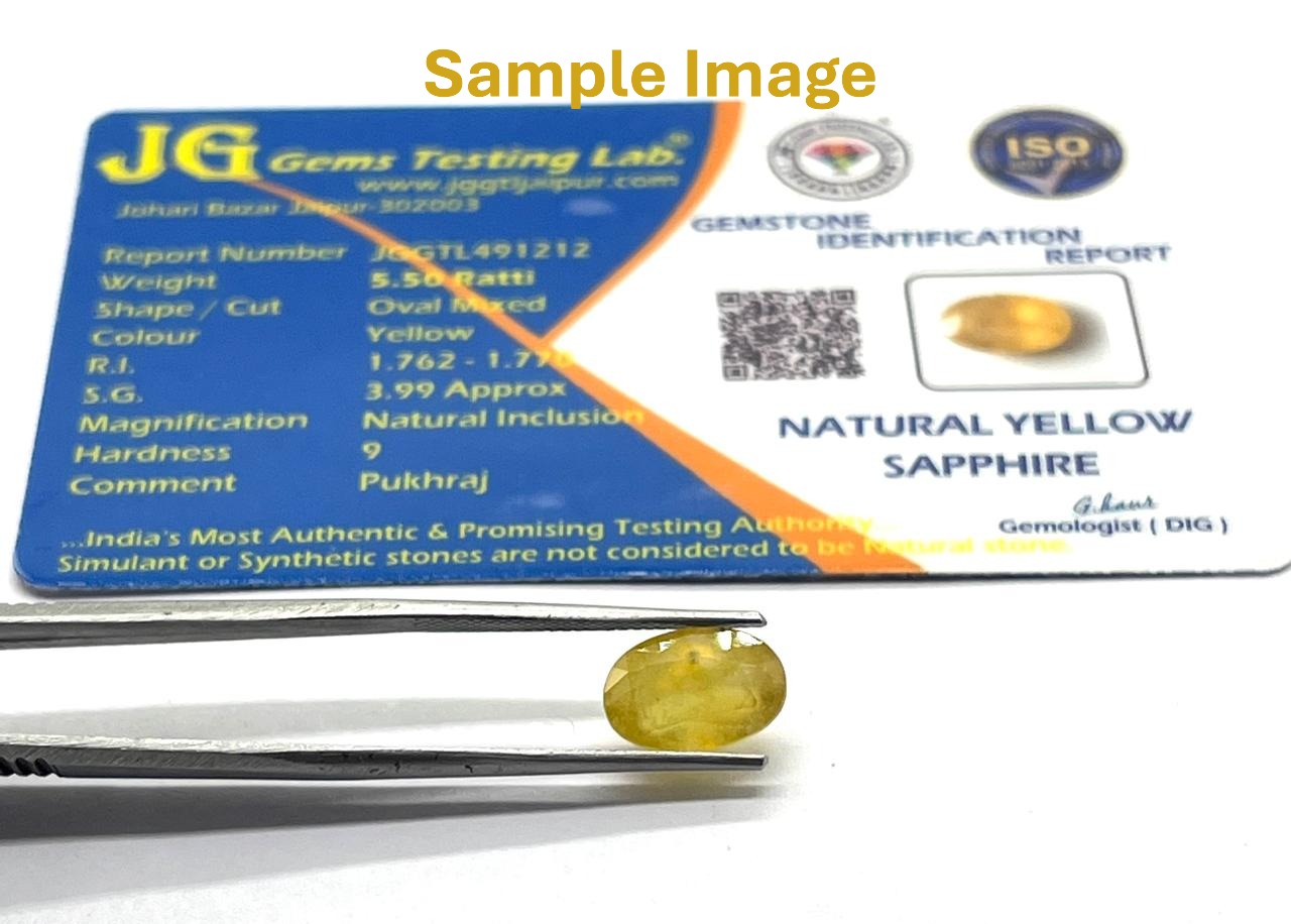 Testing report for a natural yellow sapphire with a gemstone on a white background.