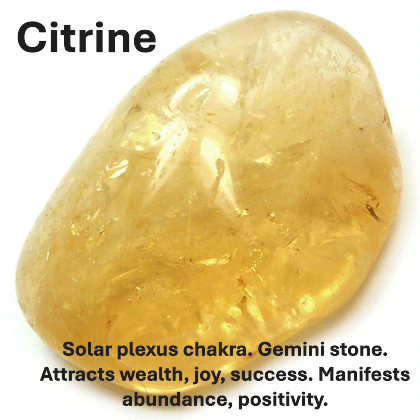 Citrine stone with properties listed on a white background