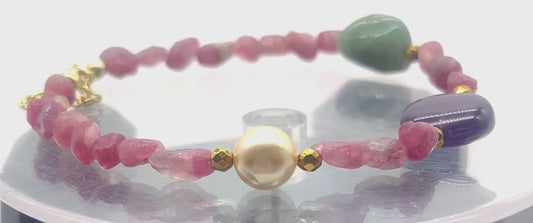 Pink tourmaline emerald amethyst hematite 925 silver bracelet for love grounding chakra