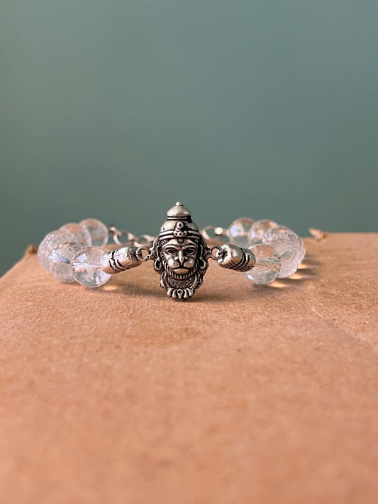 Premium 925 Silver Veer Hanuman Bracelet 10mm - Natural Crystal for Strength, Protection & Courage