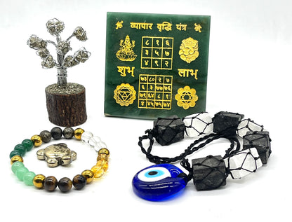 Vyapar Vriddhi 5-in-1 business growth combo with green jade yantra pyrite tree turtle