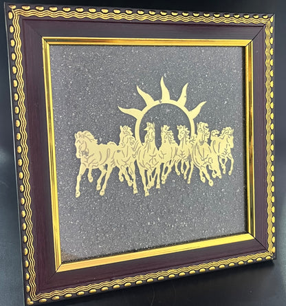 Pyrite money magnet Frame with sun & 7 Running horses good luck charm for money attraction