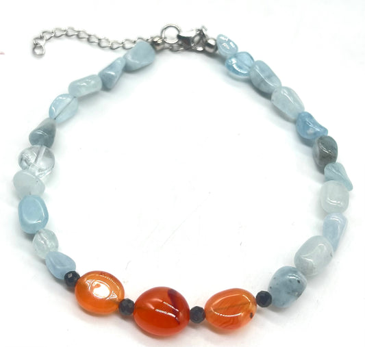 Aquamarine Spinel Carnelian 925 Silver Healing Bracelet - Throat & Sacral Chakra Balance for Communication & Creativity | Birthday Gift