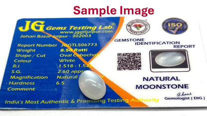Gemstone identification report with  a moonstone image.