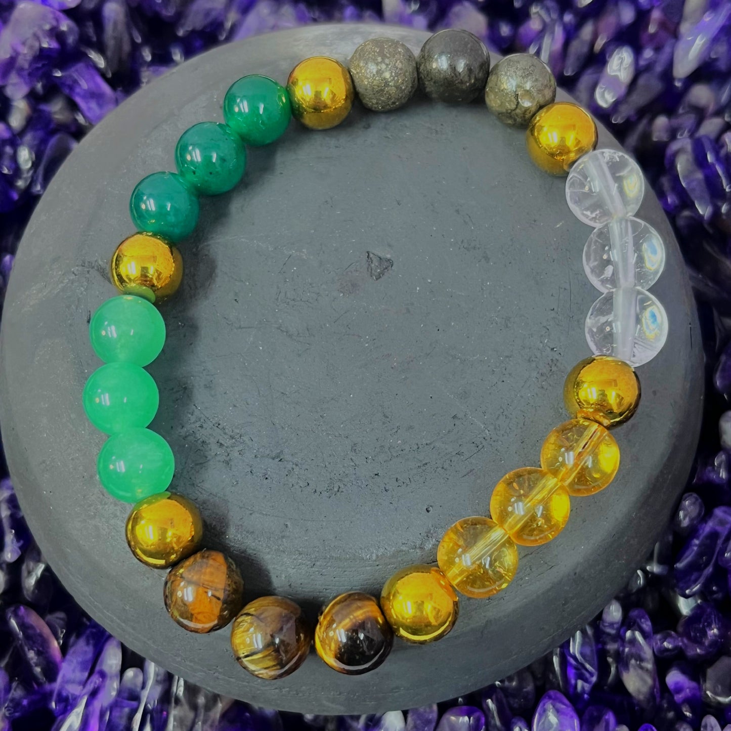 Dhan Yog Bracelet - 7 Gemstone Crystal for Wealth & Prosperity | Citrine Pyrite Tiger Eye Jade