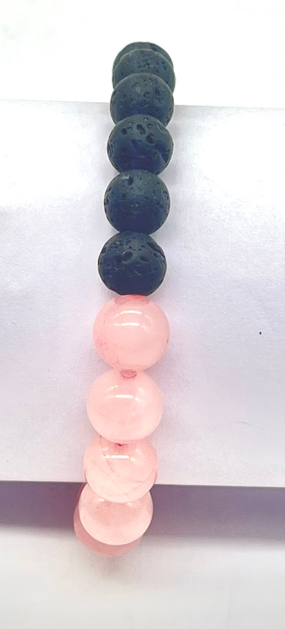 Natural rose quartz crystal bracelet with black lava stone beads for courage