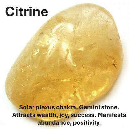 Citrine stone with properties listed on a white background